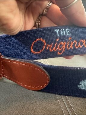 Men’s 44 belt stitched stitchNavy Embroidered Men’s Belt with Brown Leather Trim